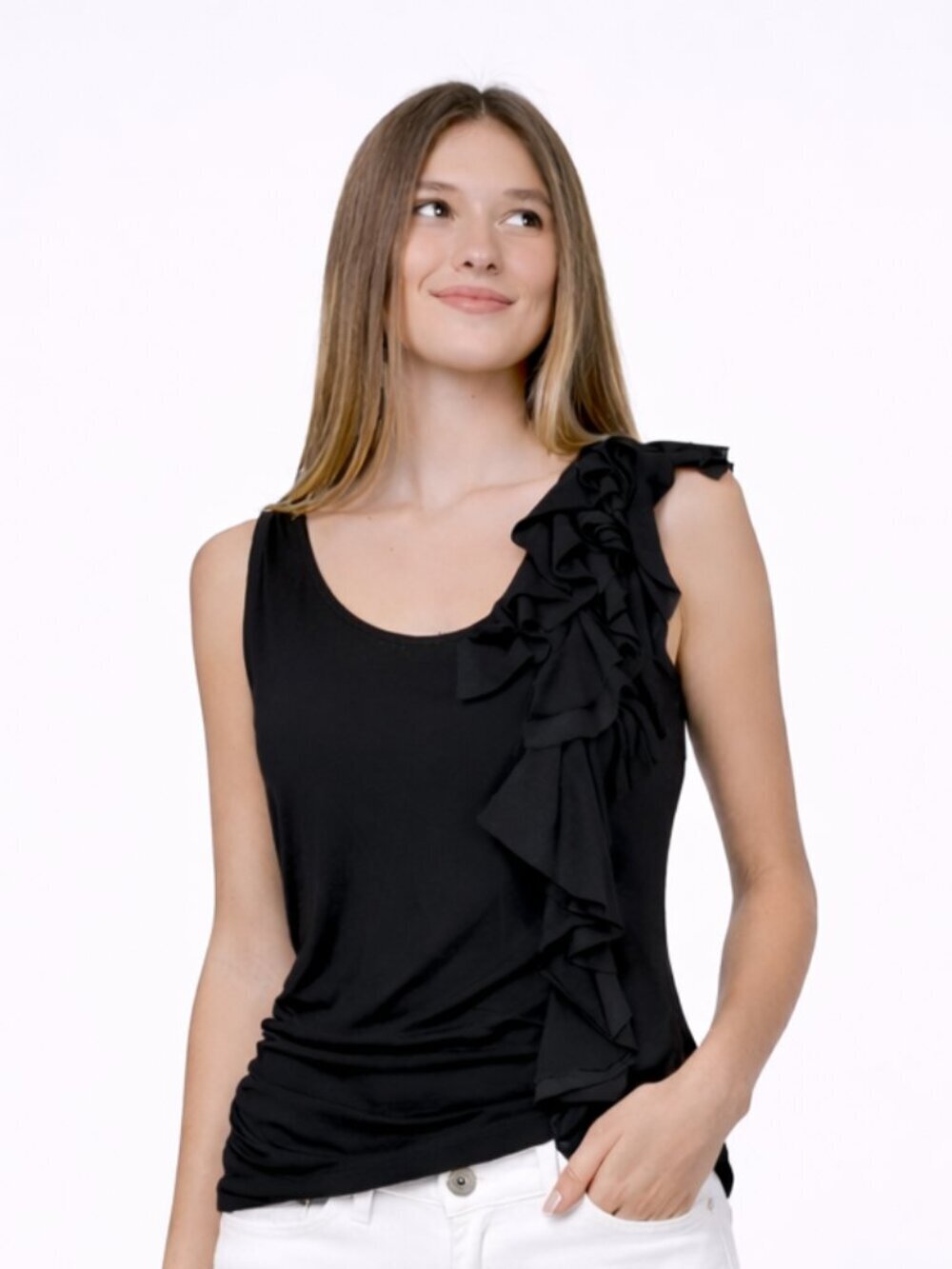 ELLE Black Ruffle One Shoulder Tank Top | Size XS